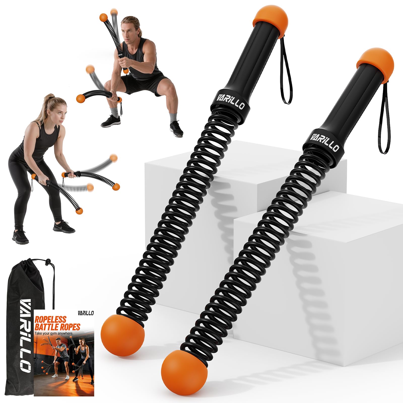 Varillo front view of cordless battle ropes showing compact design and space-saving benefit