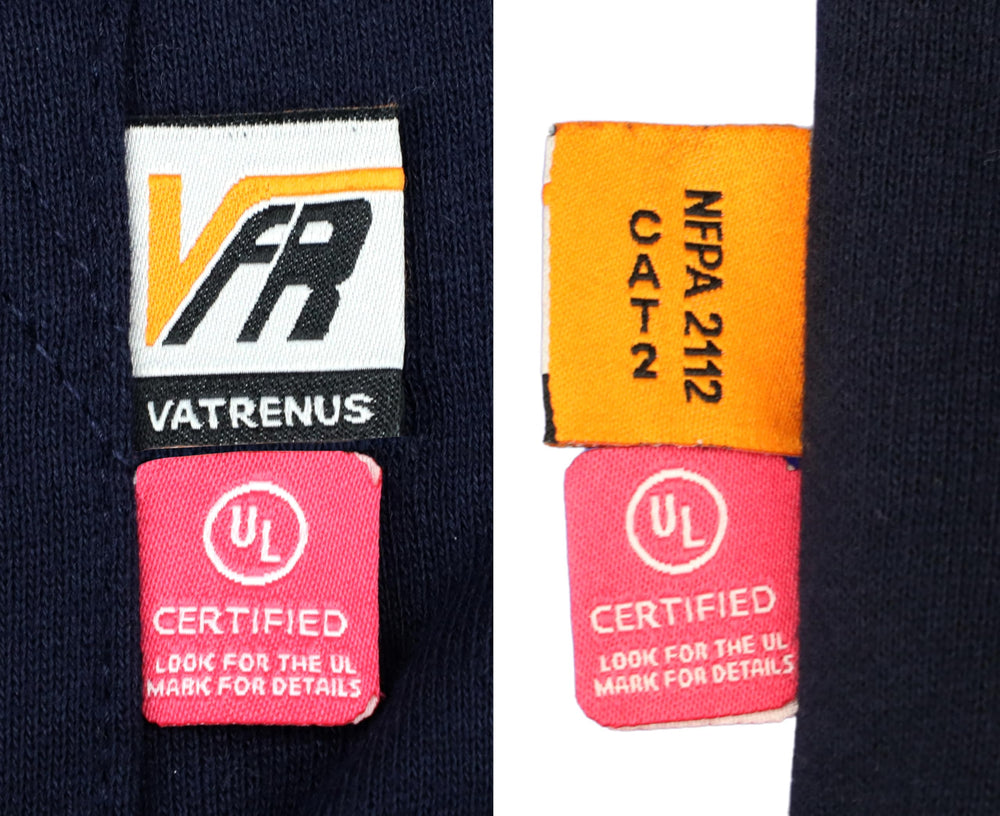 VATRENUS care and certification tag showing NFPA, ASTM, UL credentials and care benefit