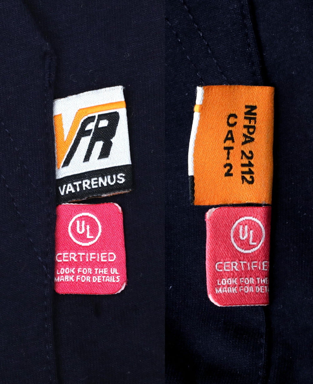 VATRENUS certification label displaying NFPA and UL marks for safety compliance