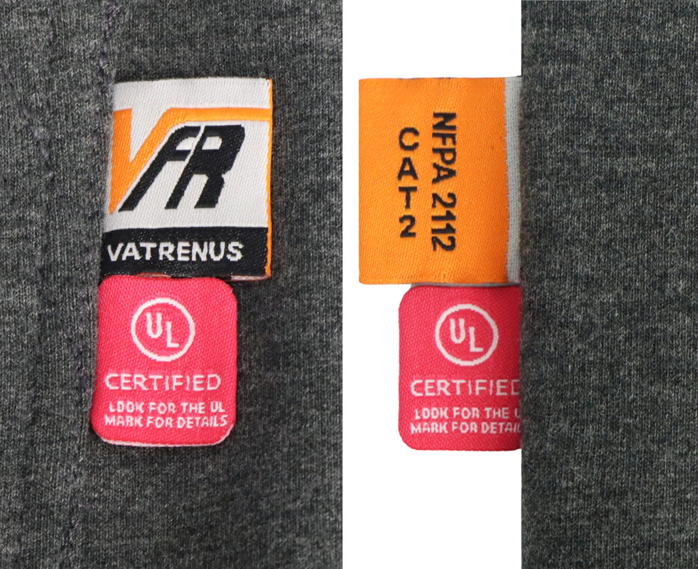 VATRENUS care label showing certifications and laundering guidance