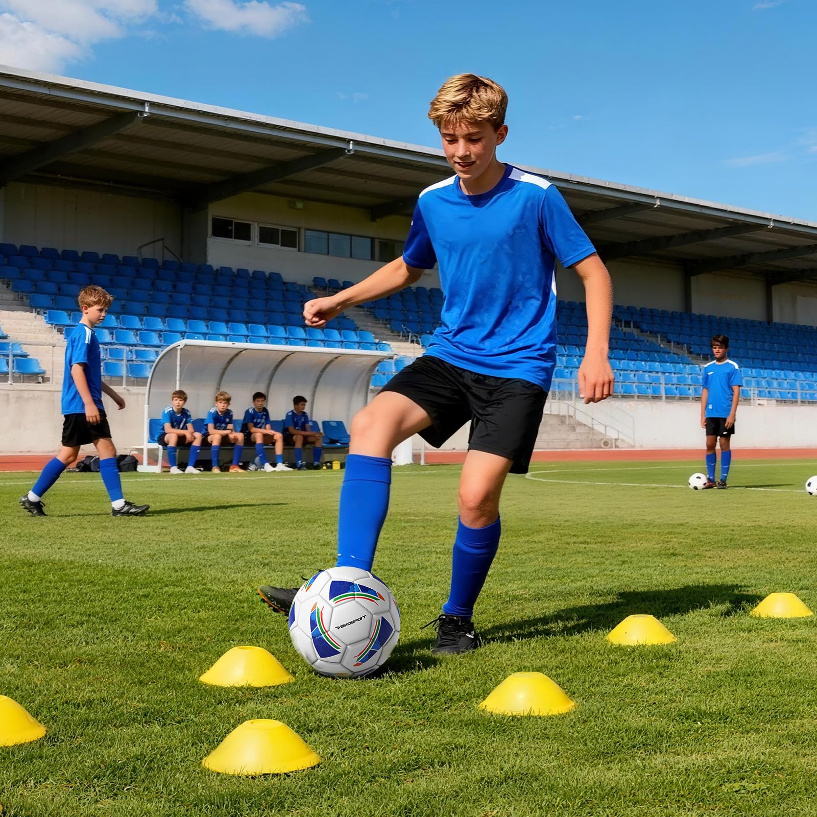 VAVOSPORT stacked cones close-up — bright, flexible cones for agility drills