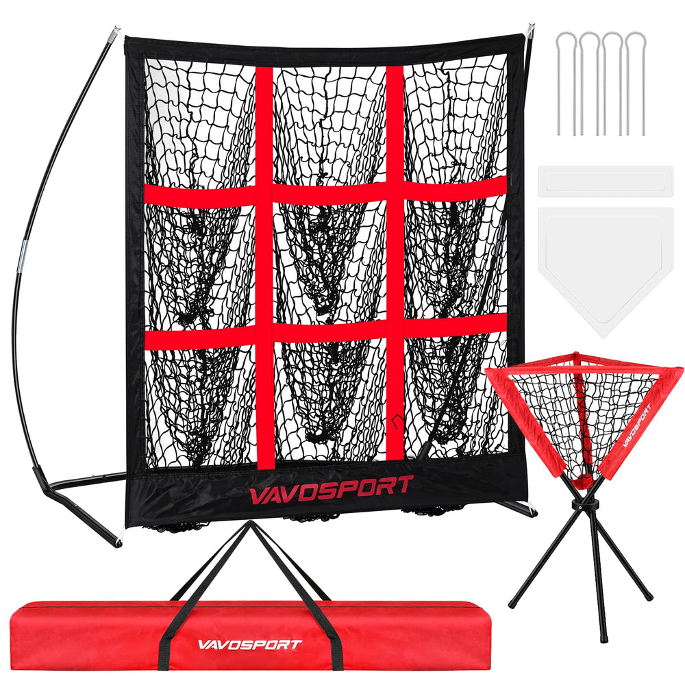 VAVOSPORT front view of nine-square pitching net showing strike zone targets and durability