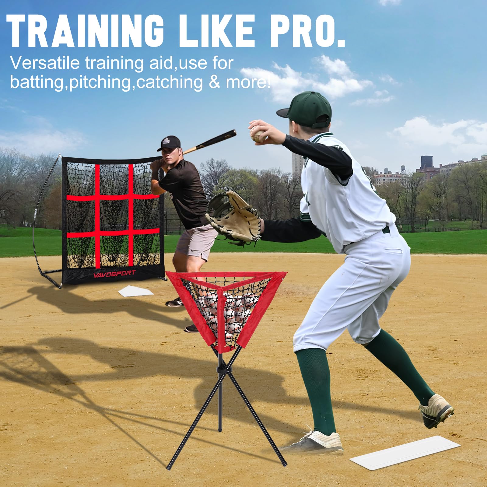 VAVOSPORT pitching net and accessories folded in carry bag for compact transport