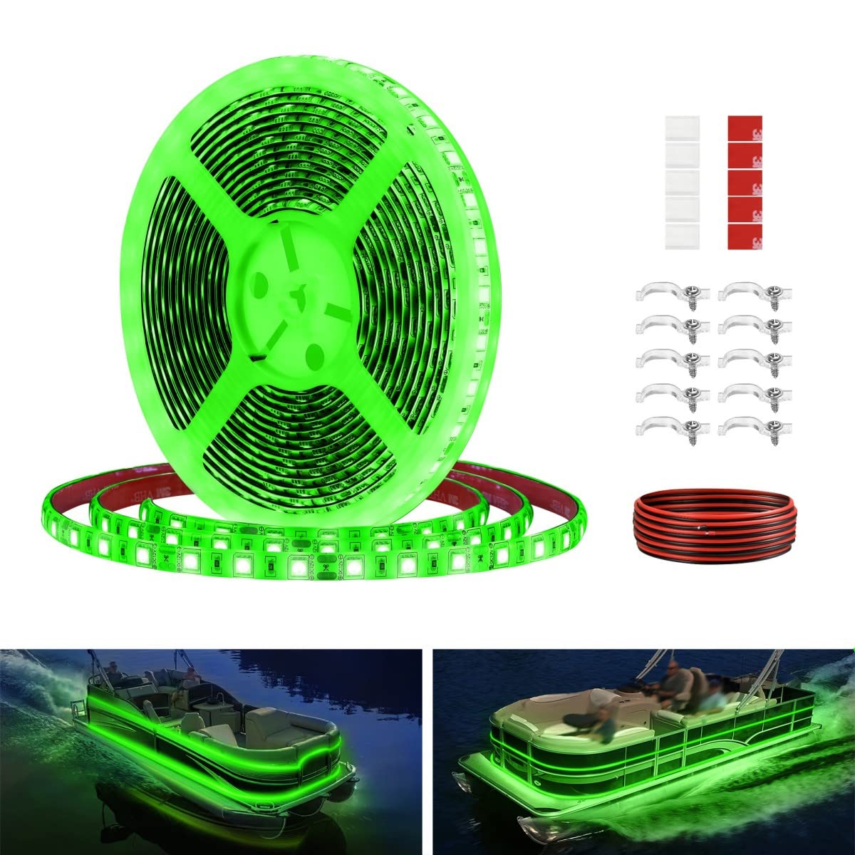 Vbakor front view of green LED strip kit showing full package and benefits