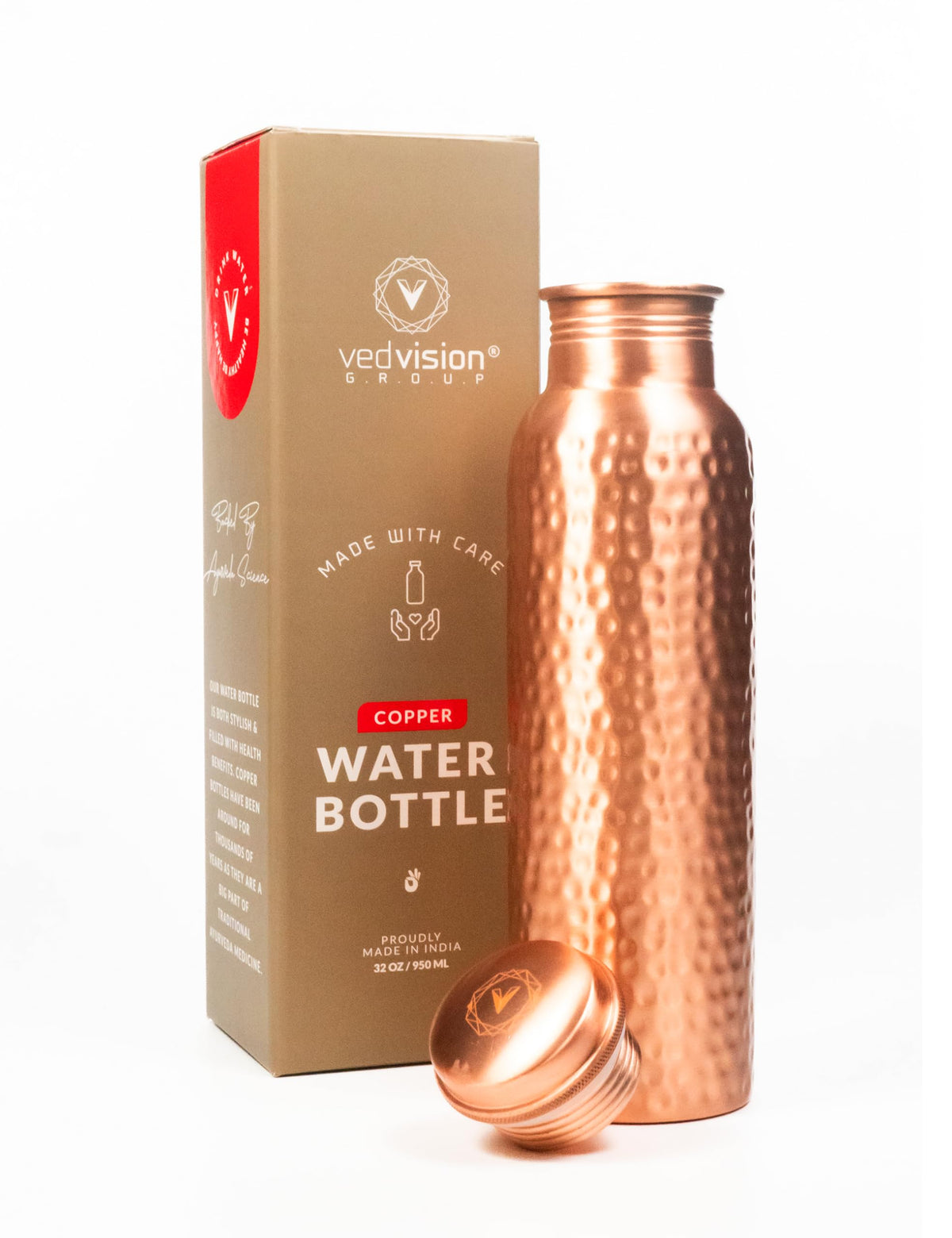 VedVision front view showing hammered copper bottle with travel-ready durability