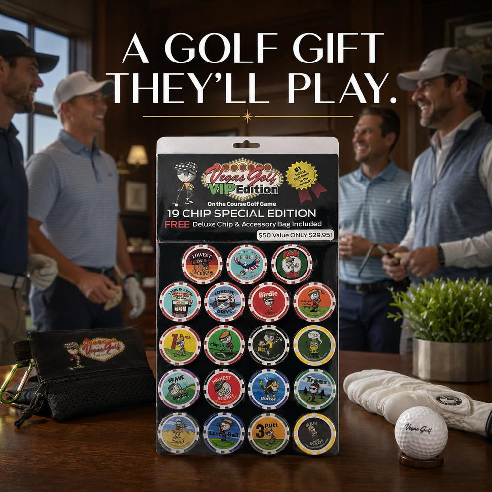 Vegas Golf tee bag clipped to a cart, keeps chips and accessories accessible on course