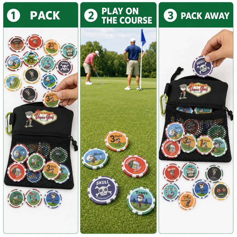 Vegas Golf chips stored in a golf bag pocket for course-ready convenience