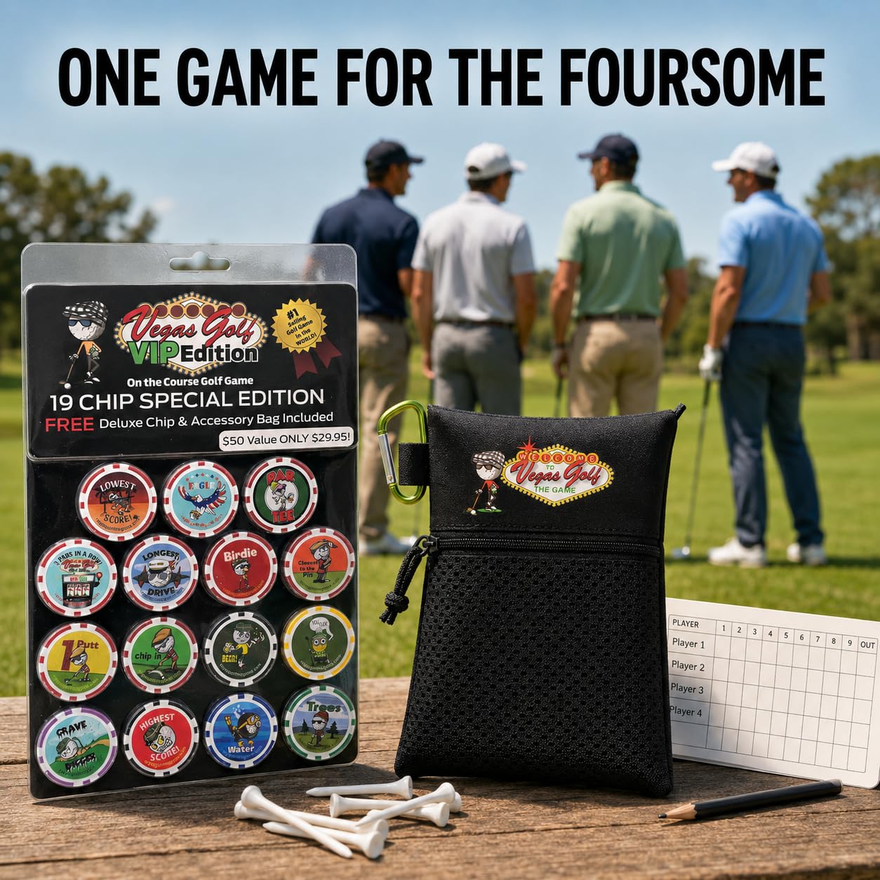 Vegas Golf chips held in hand to show scale and tactile poker-chip quality benefit
