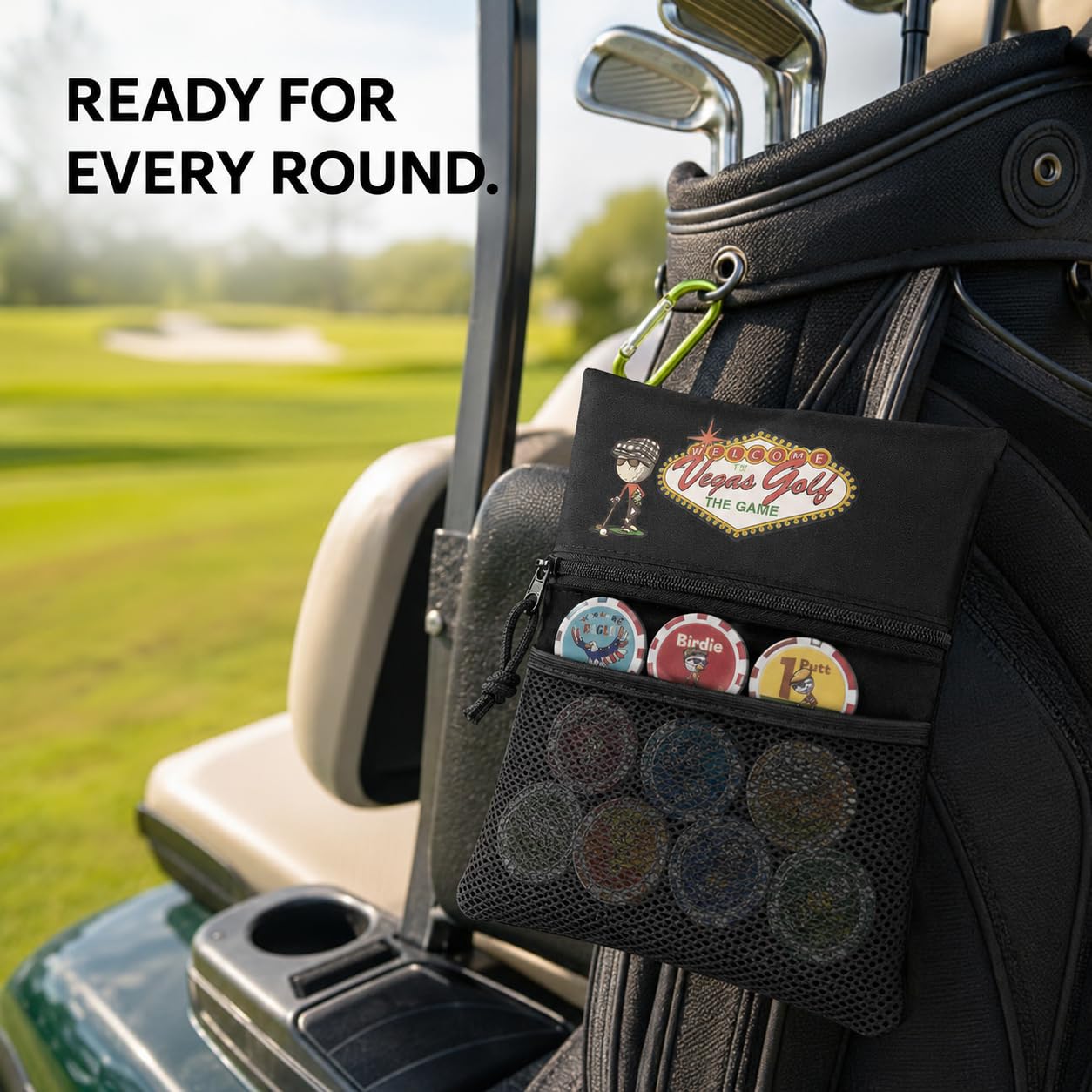 Vegas Golf weather-resistant instruction card visible with chip definitions for quick reference