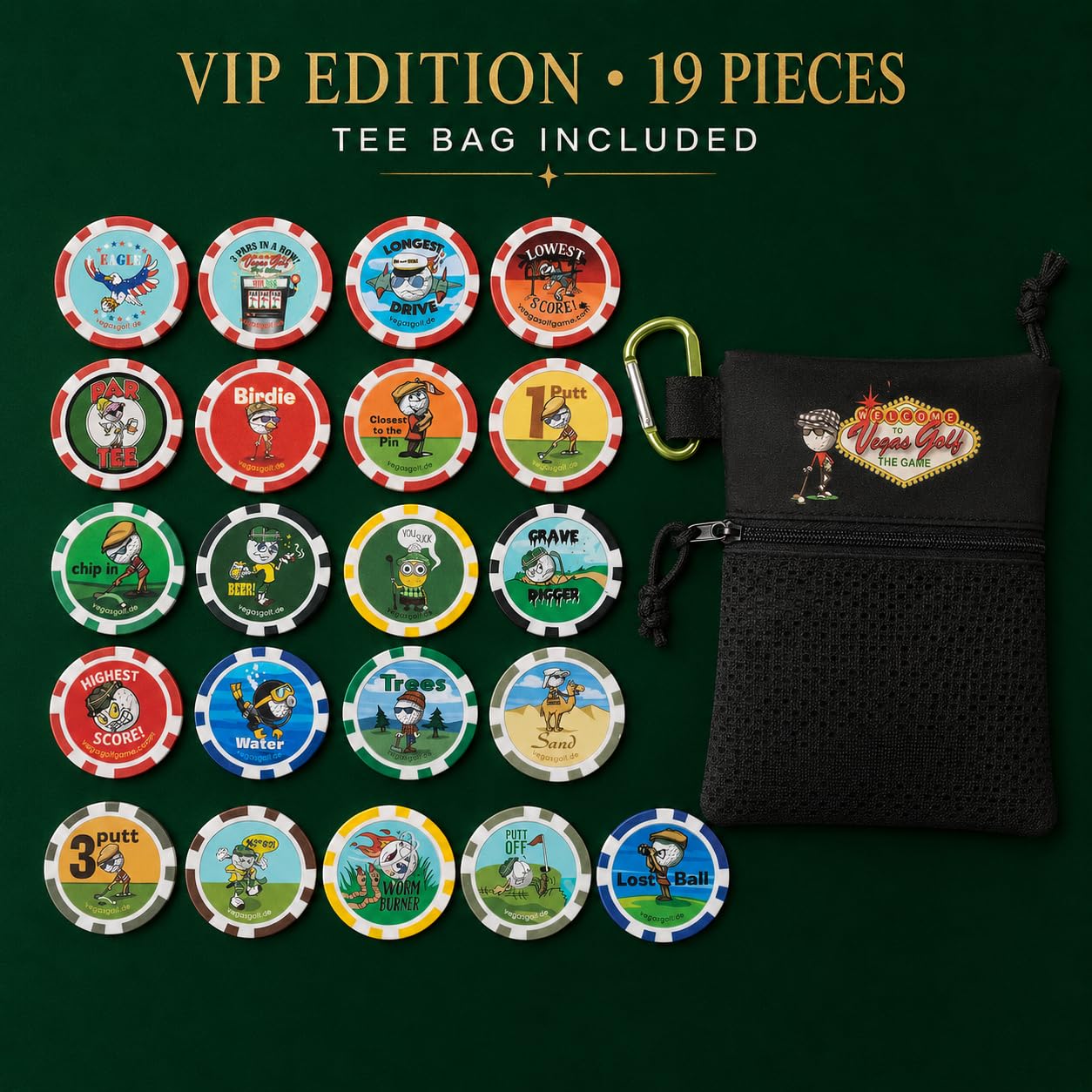 Vegas Golf poker-style chips array highlighting 19 distinct pieces for gameplay variety
