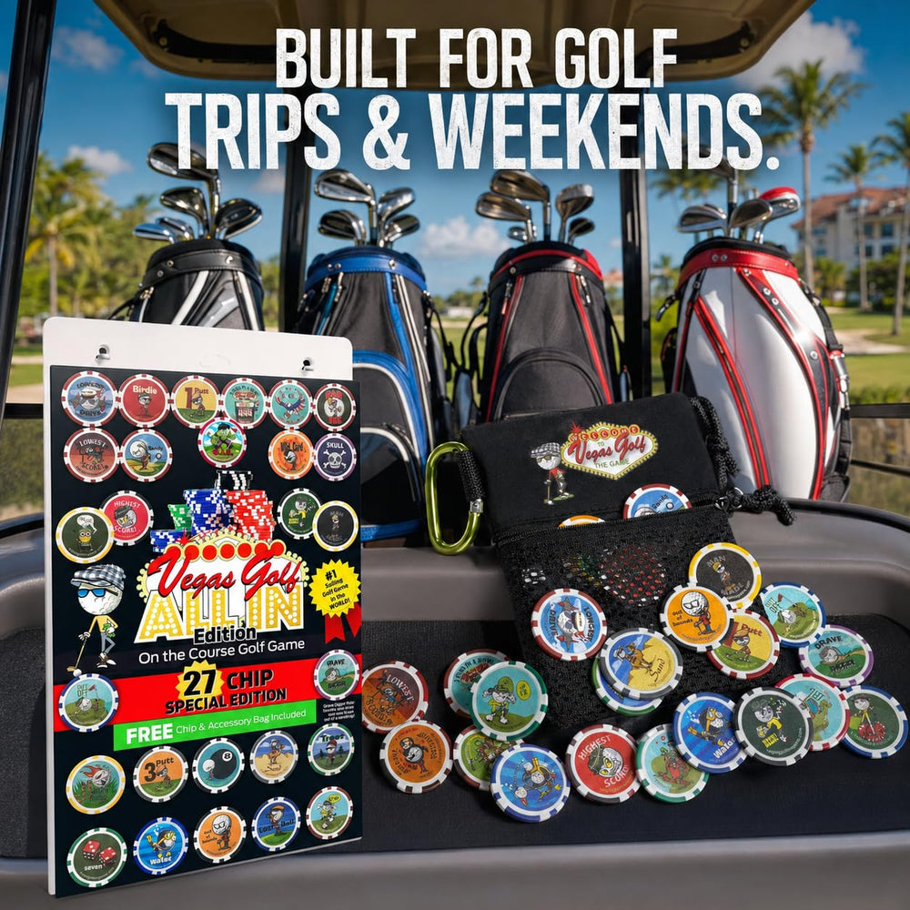 Vegas Golf chips next to a tee and ball to show real-world scale