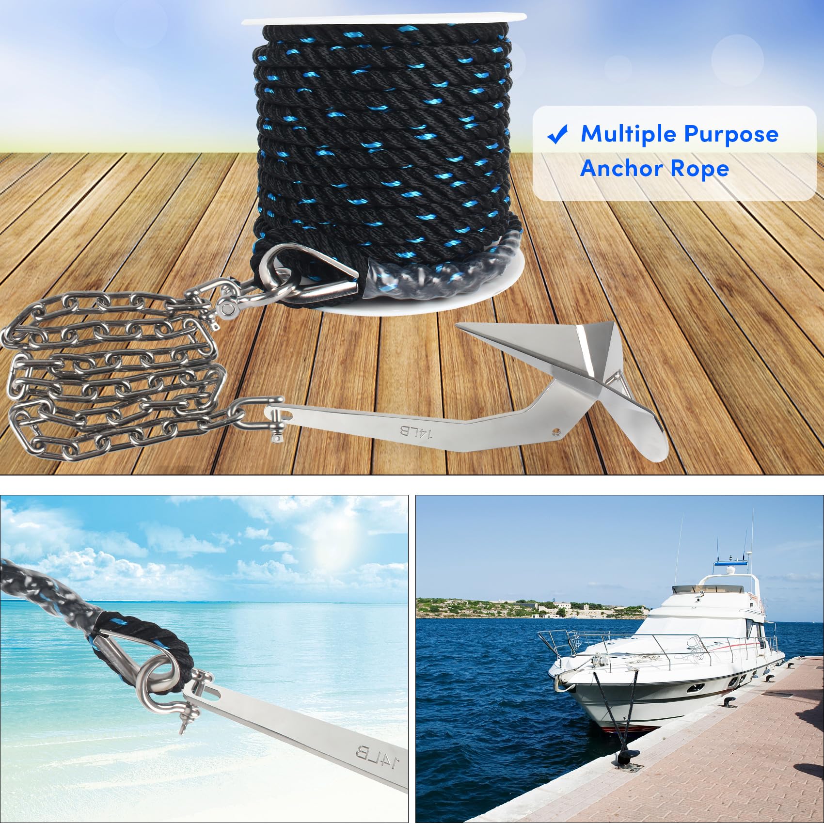 VEITHI black-blue anchor rope laid flat showing color match and clean finish