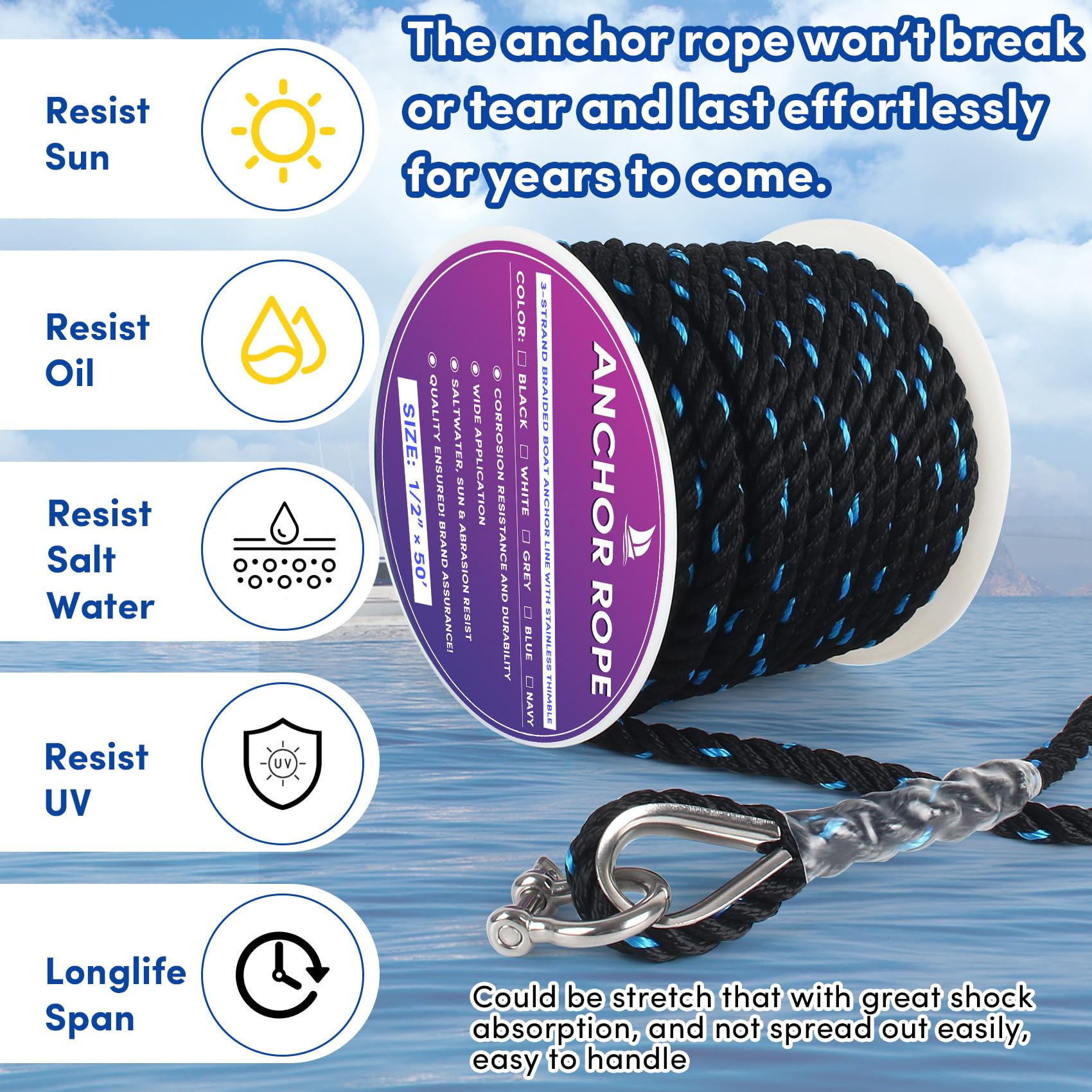 VEITHI rope next to measuring tape showing 50 ft scale for correct sizing