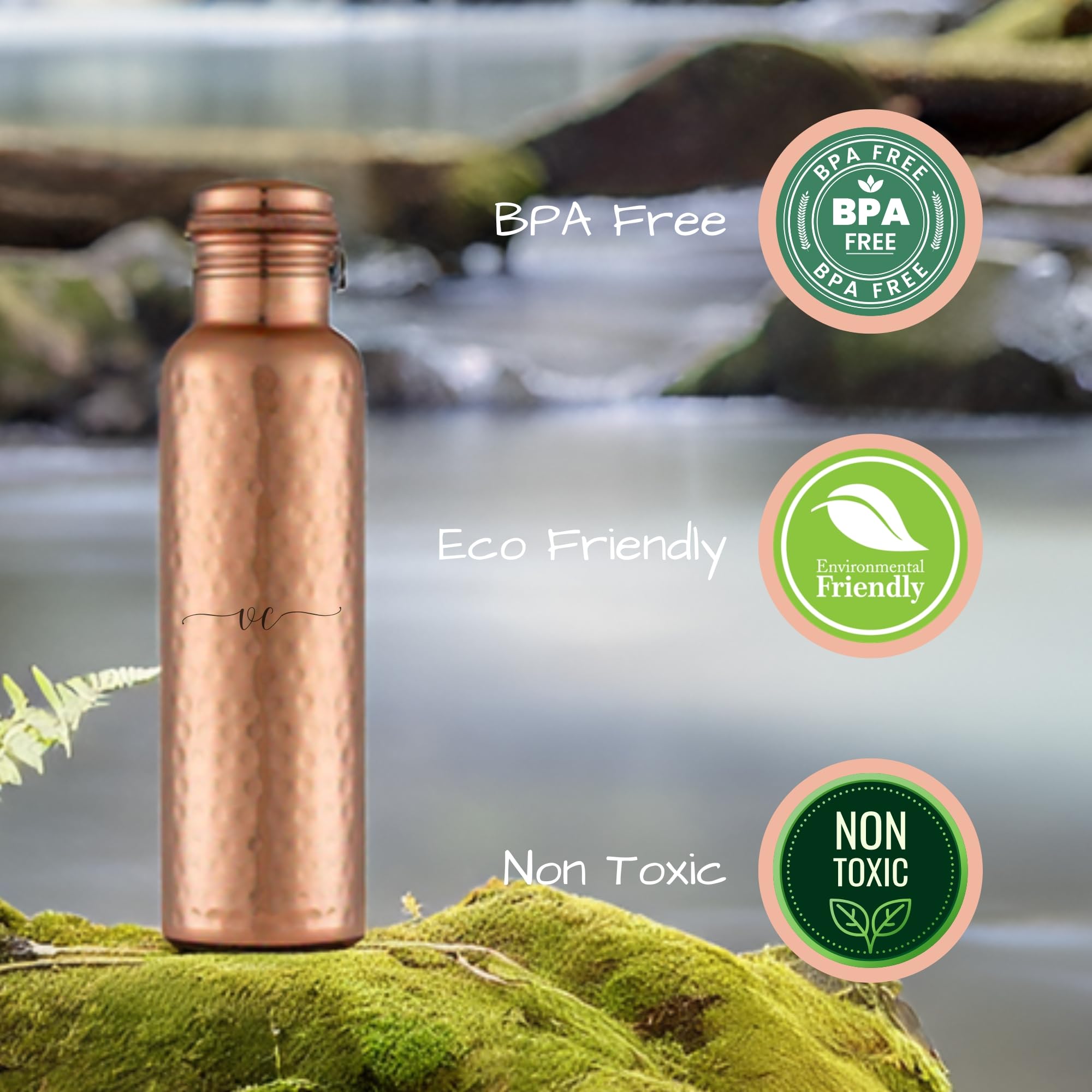 Velantic Copper beside a drinking glass demonstrating 32 oz capacity benefit
