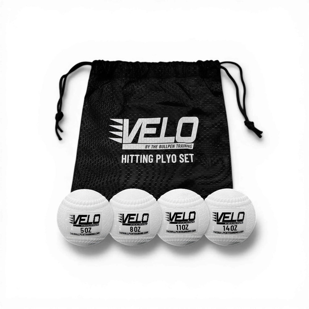VELO by The Bullpen Training front view of four weighted balls and carry bag boosting practice