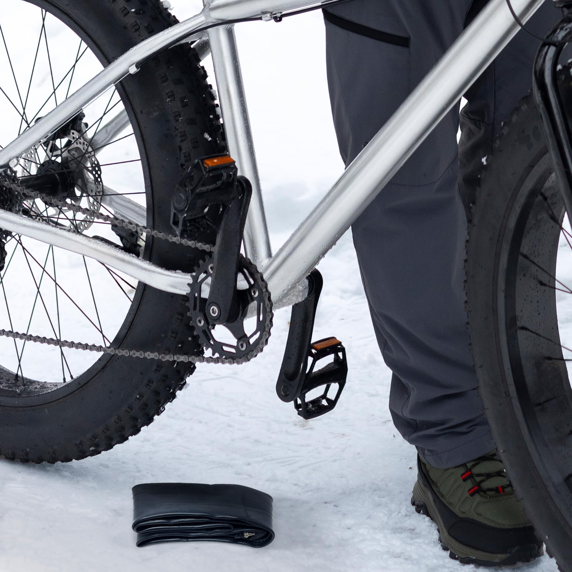 VeloTubes tube packed on a trail-ready fat bike showing dependable spares