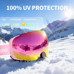 Veltuno Revo pink lens close-up highlighting anti-fog and scratch resistance