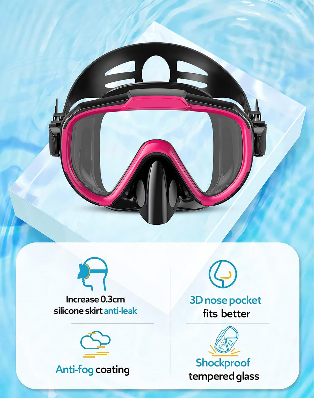 Vengreedo mask close-up with tempered glass and silicone skirt for leak protection