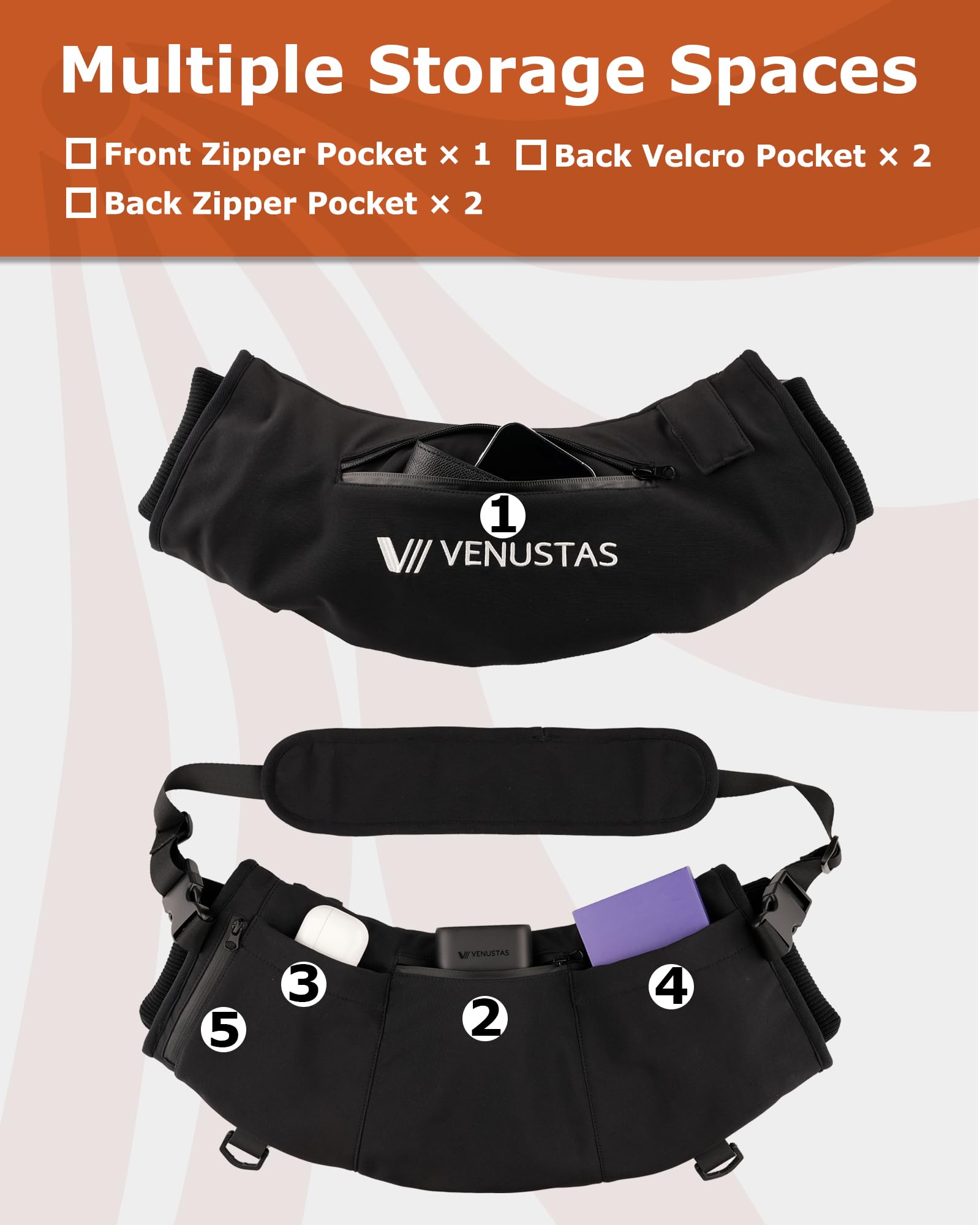 Venustas back quick-access pockets holding gloves and small essentials