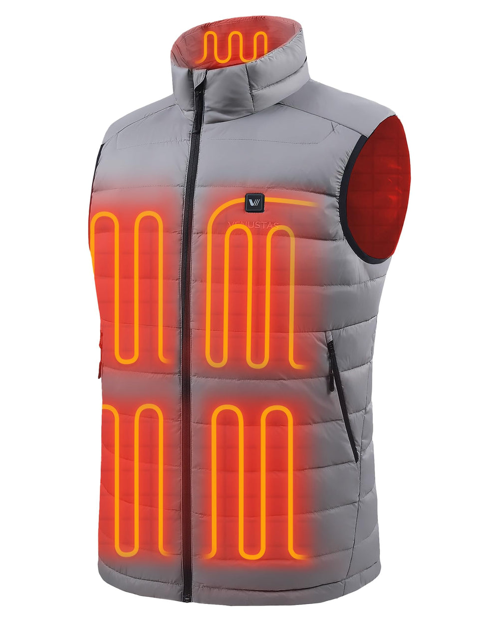 Venustas front view of heated vest showing slim profile and warmth benefit