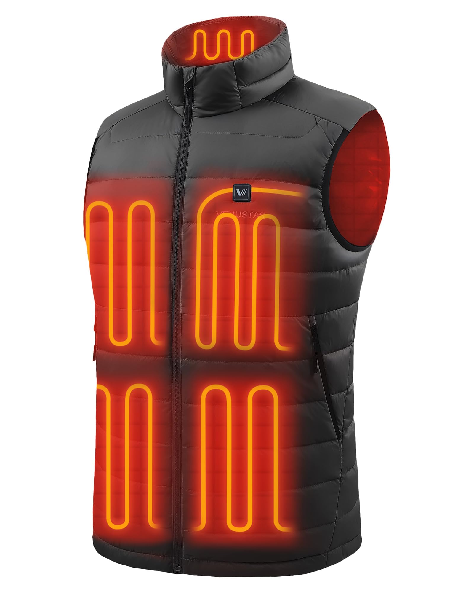 Venustas front view of heated vest showing sleek lightweight warmth
