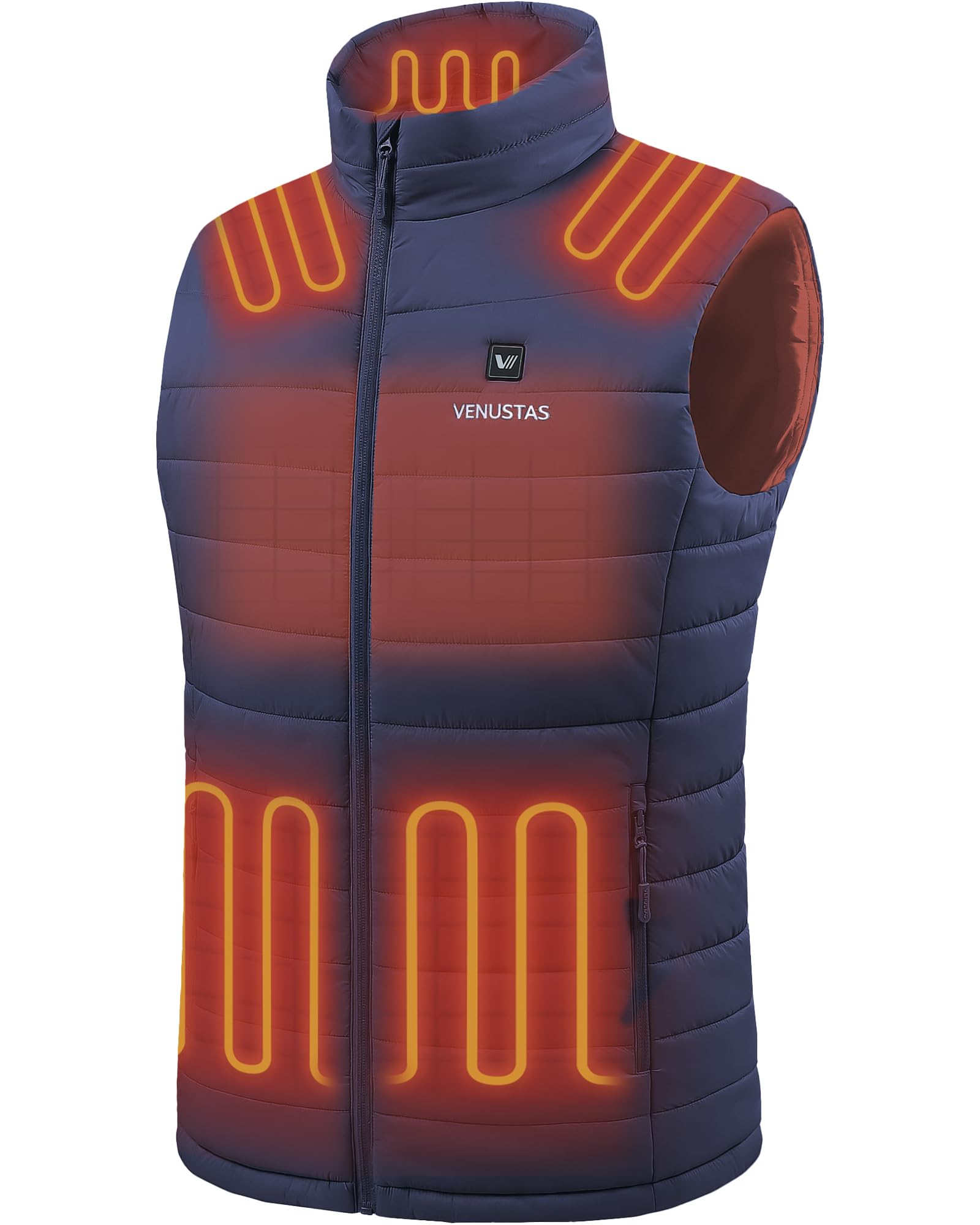 Venustas front view of heated vest showing quilted design and pockets, warms core