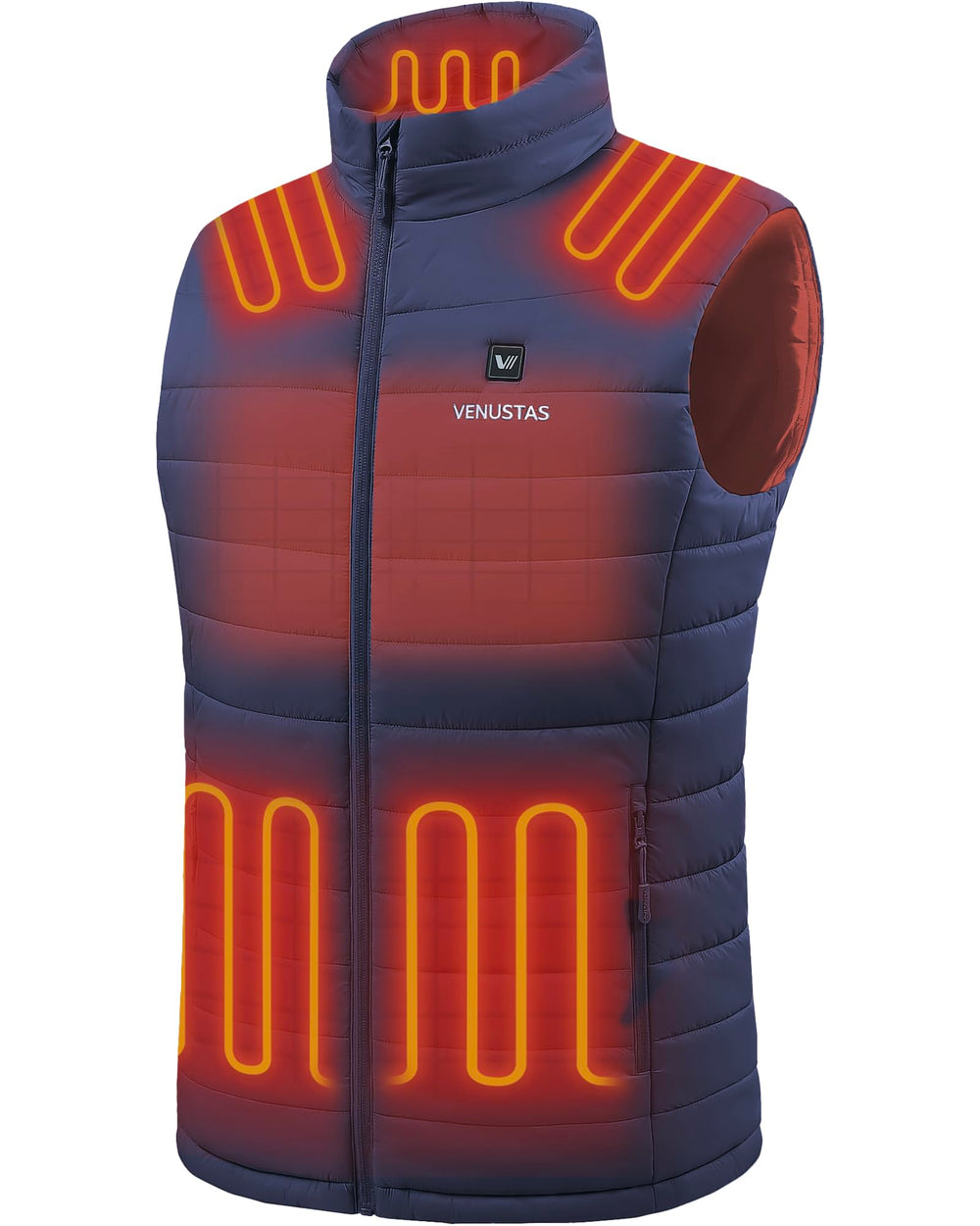 Venustas front view of heated vest showing quilted design and pockets, warms core