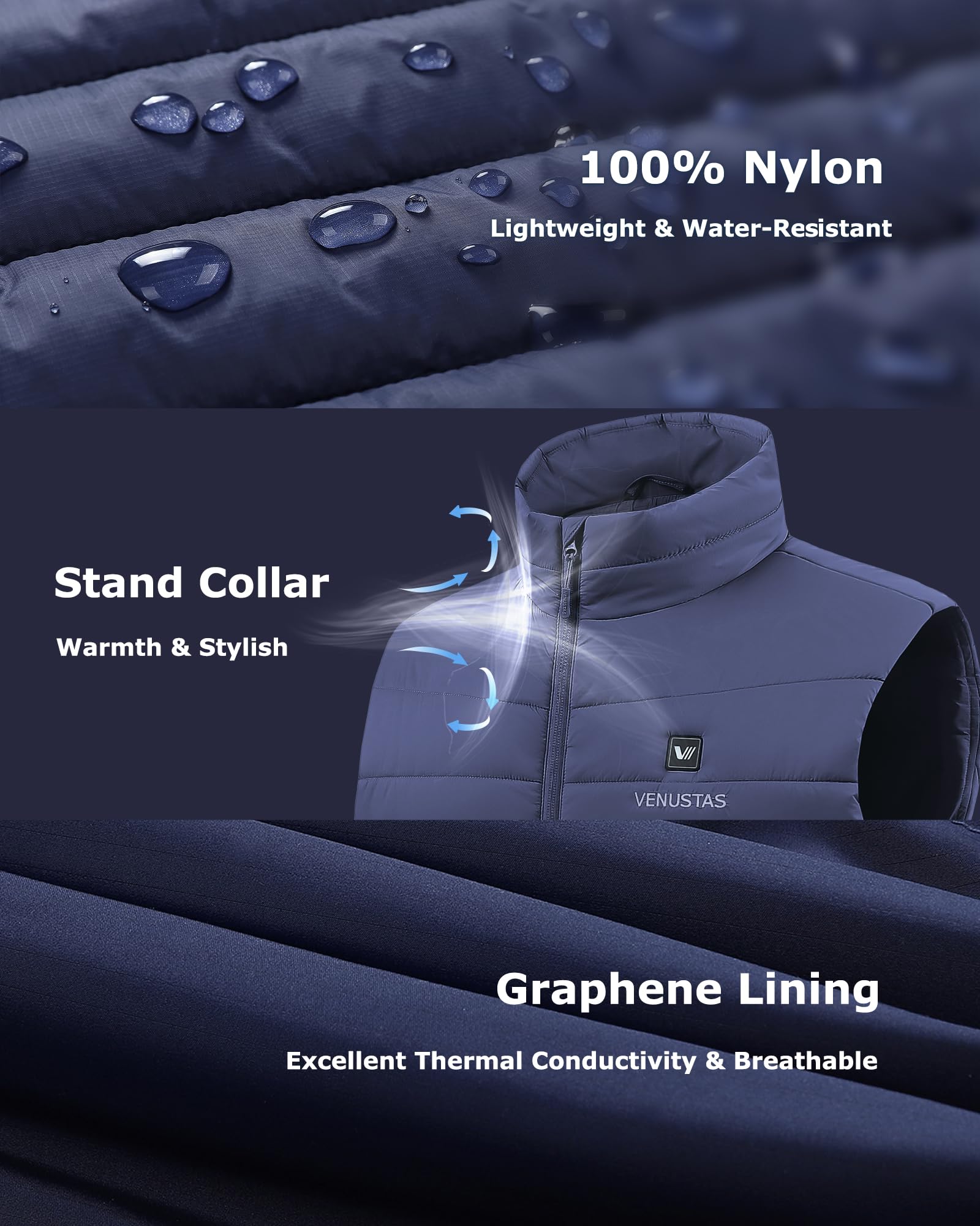 Venustas heated vest worn under a winter coat, stays slim and adds warmth without bulk