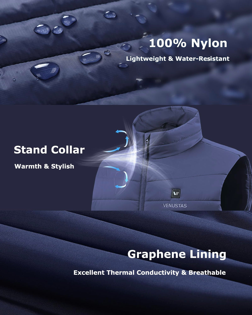Venustas heated vest worn under a winter coat, stays slim and adds warmth without bulk