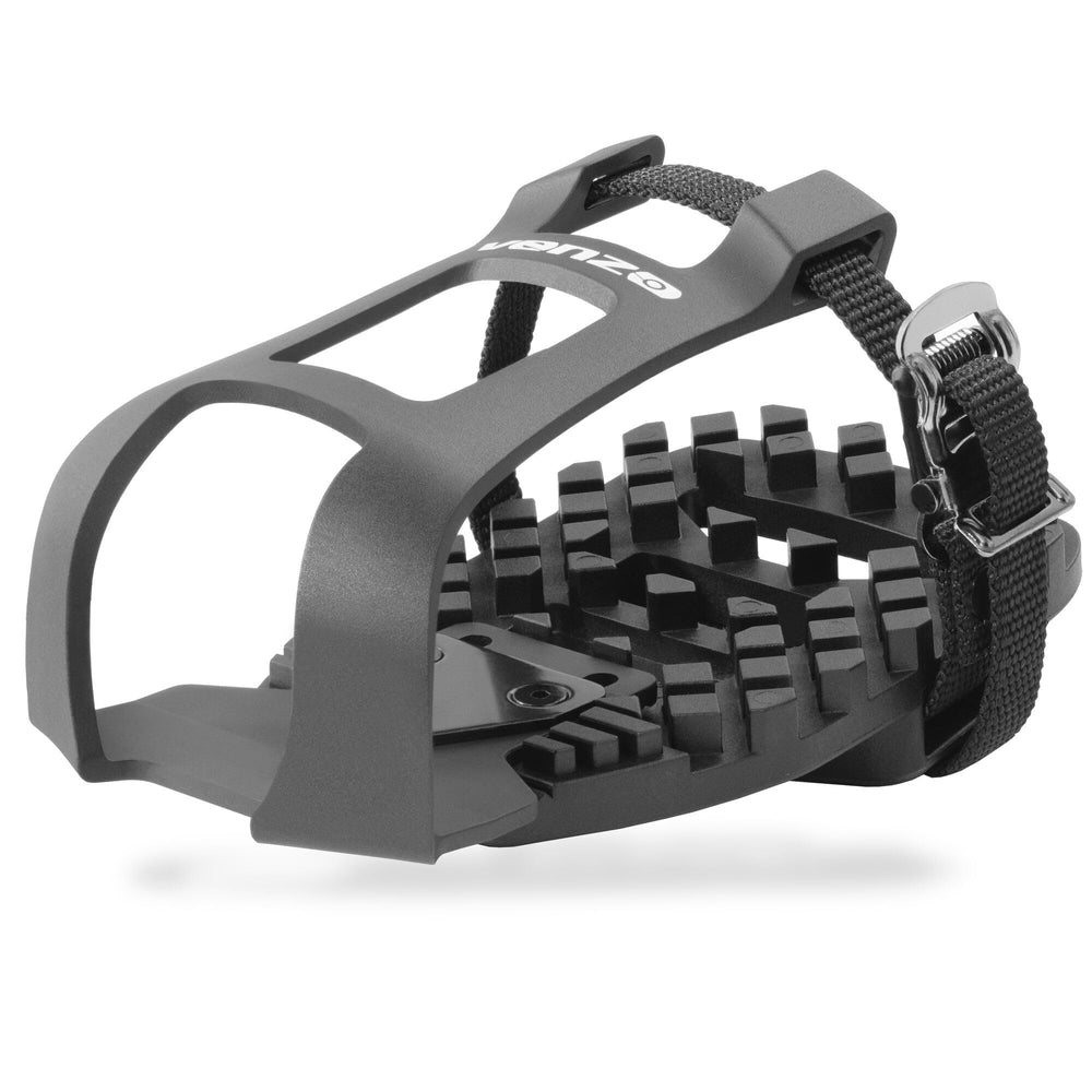 Venzo front view of toe cages showing sturdy build and easy conversion benefit