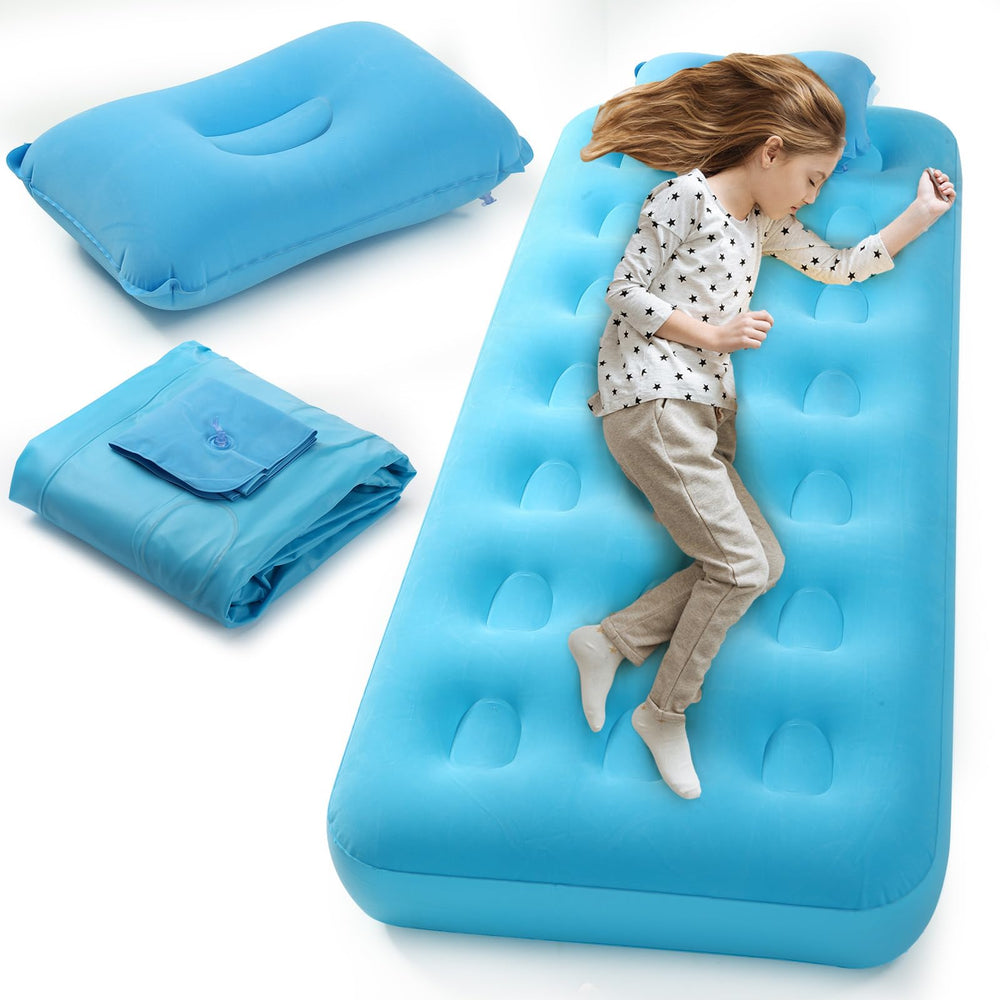 Vercraft sky blue front view shows full child-sized mattress for easy sleep setup