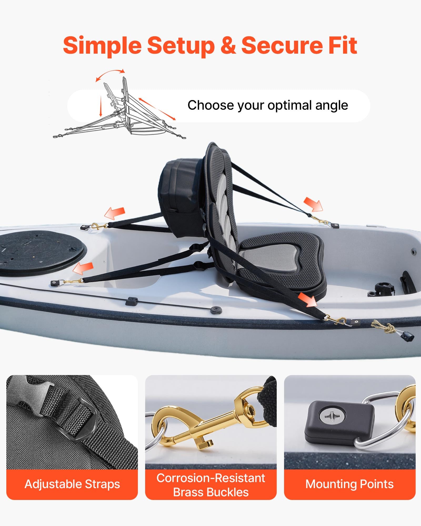 VEVOR adjustable strap and buckle securing seat firmly to hull for no-slip fit