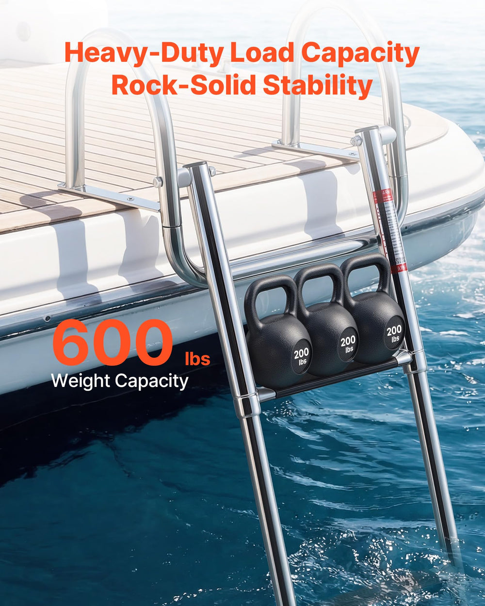VEVOR ladder mounted on pontoon illustrating secure installation and access