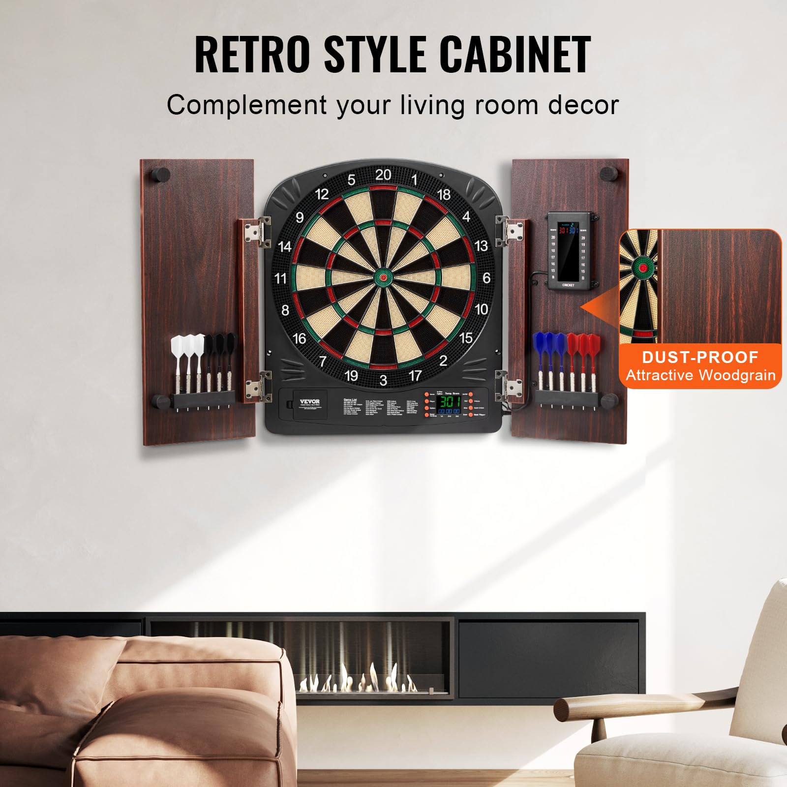 VEVOR cabinet open revealing dartboard inside and tidy, dust-free protection