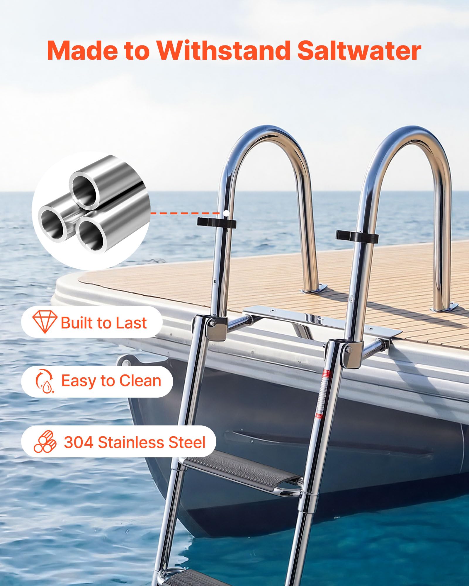 VEVOR ladder folded into storage position saving deck space and preventing snags