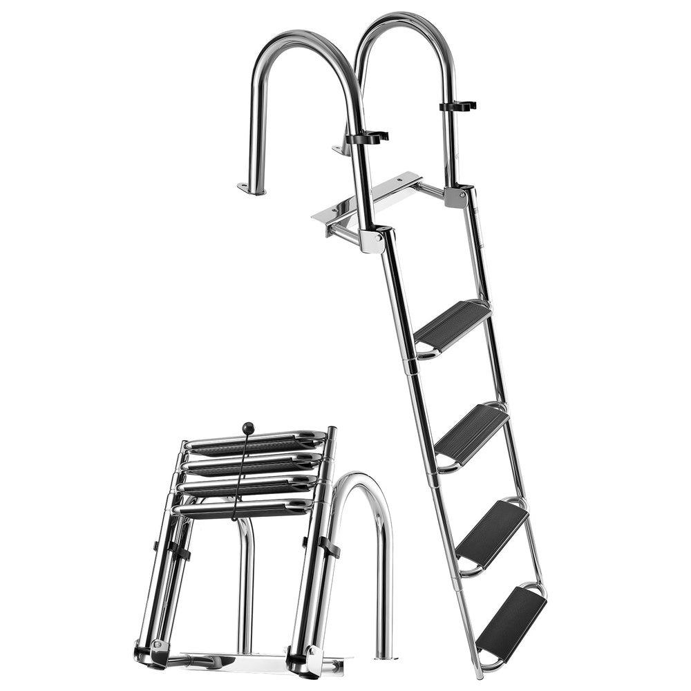 VEVOR front mounted ladder on transom showing compact profile and durability