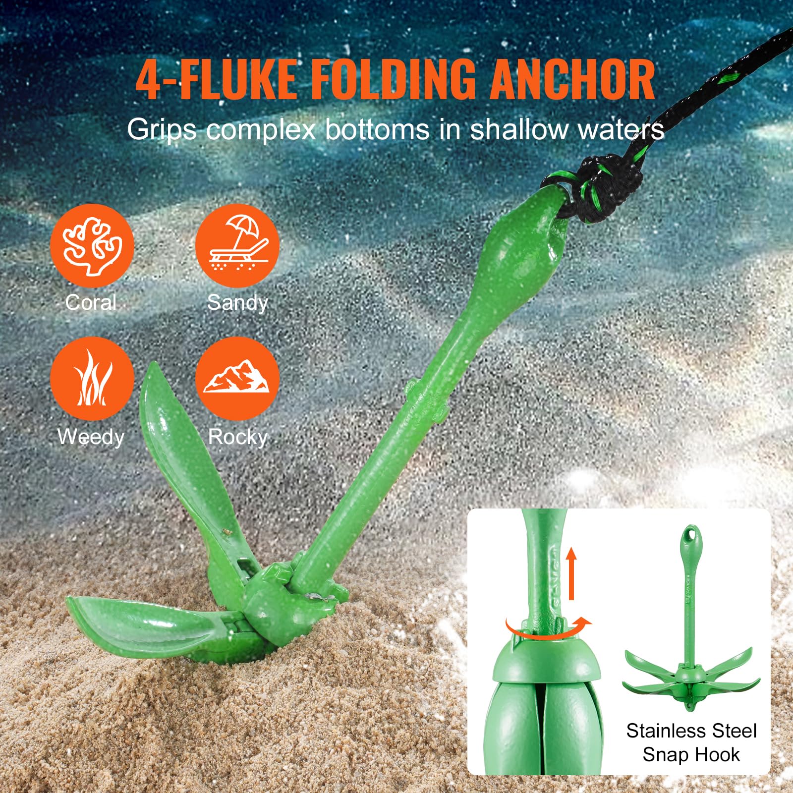VEVOR anchor deployed with flukes locked showing secure hold in sand