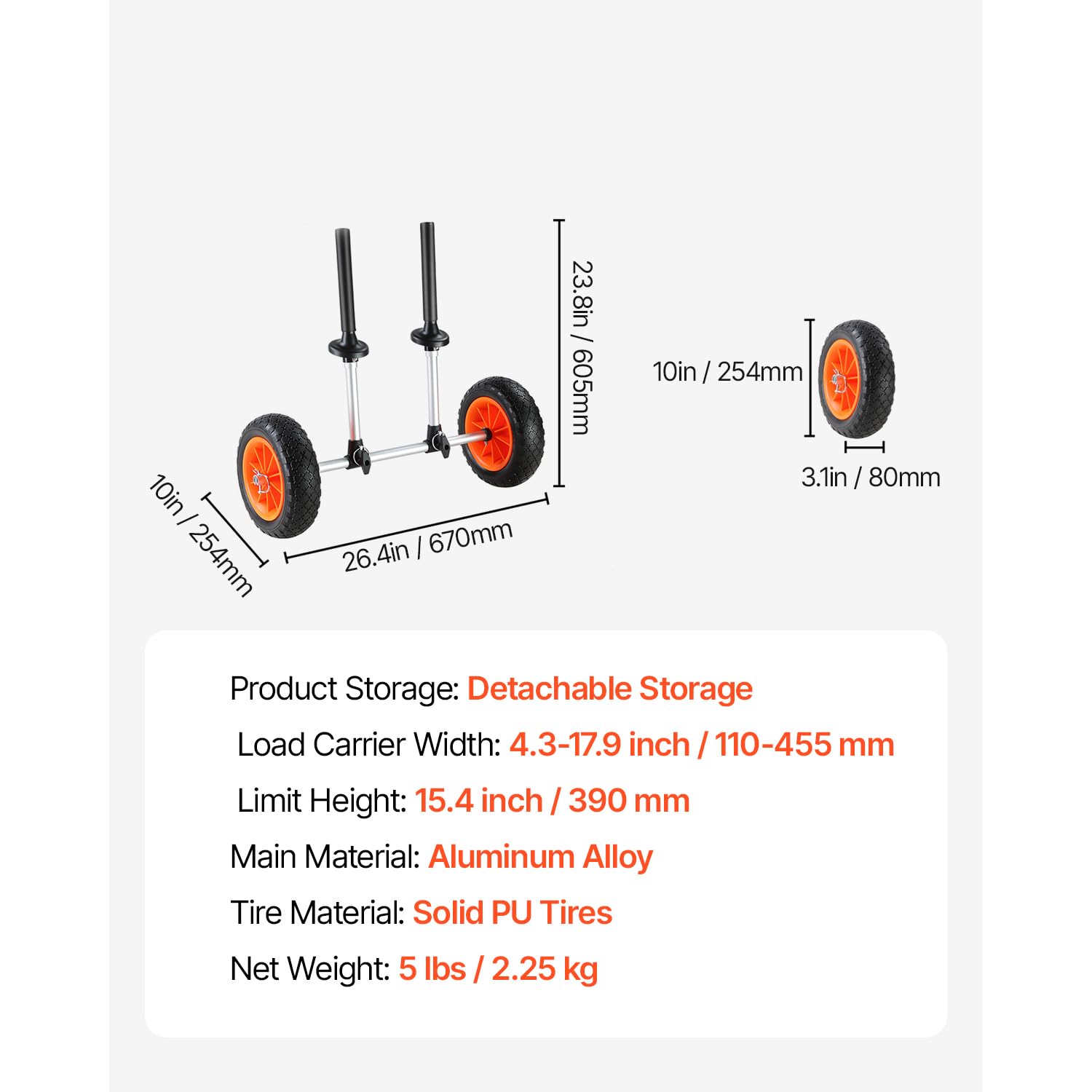 VEVOR kayak cart adjustable width scale for quick drain alignment