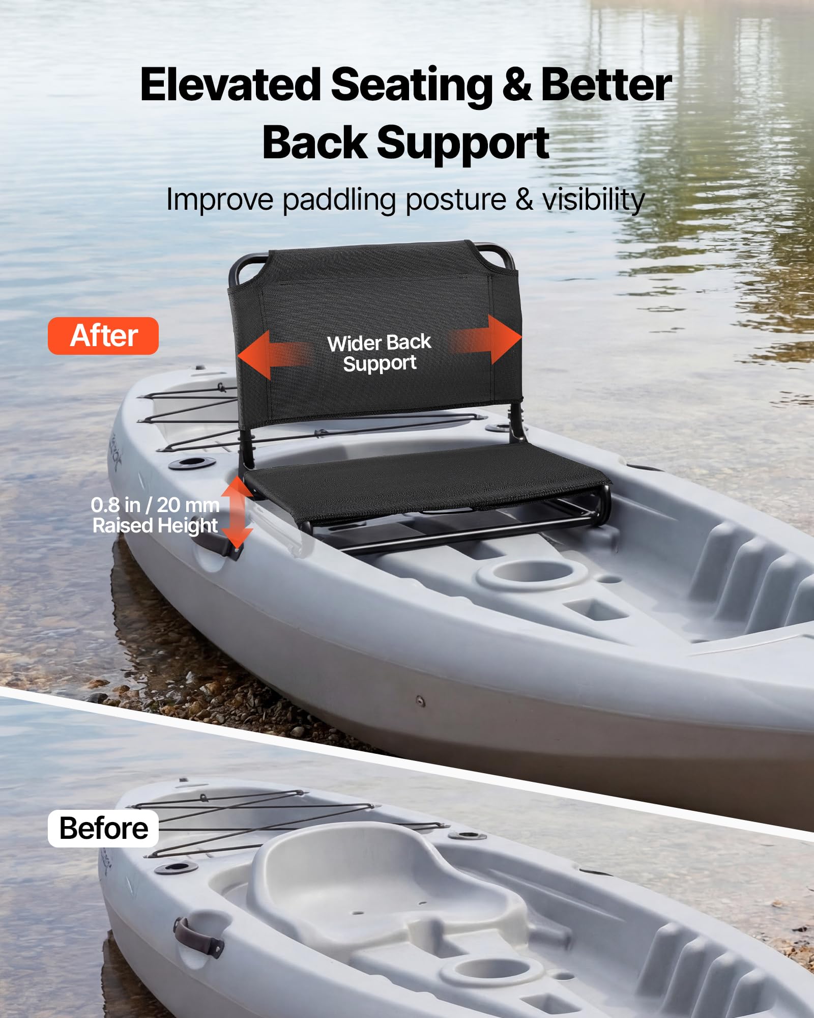 VEVOR kayak seat backrest close-up showing lumbar support for longer trips