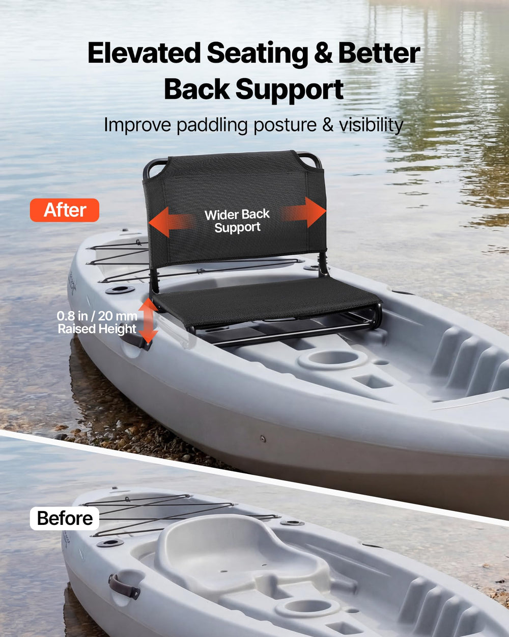 VEVOR kayak seat backrest close-up showing lumbar support for longer trips