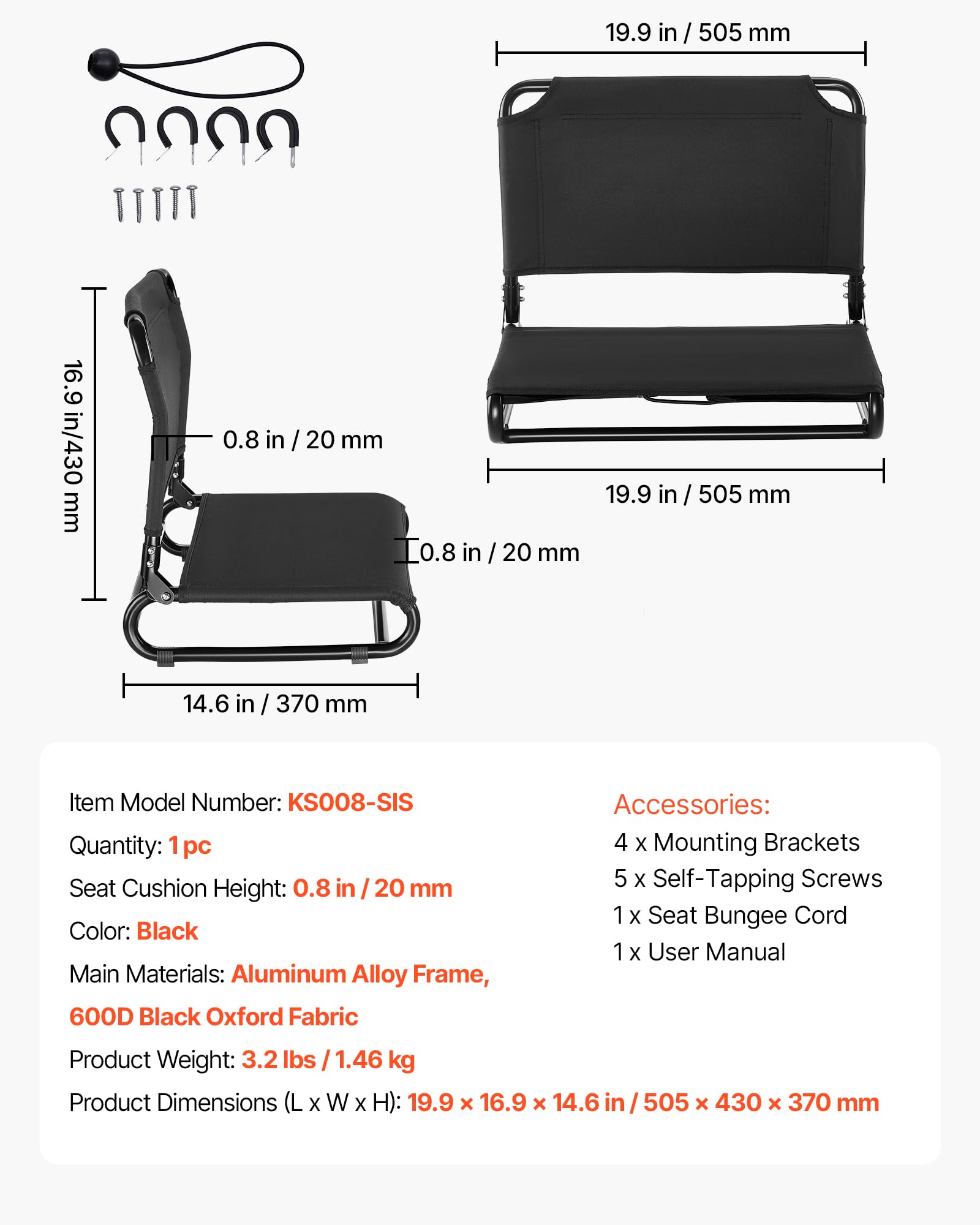 VEVOR kayak seat size scale with person illustrating improved visibility and comfort