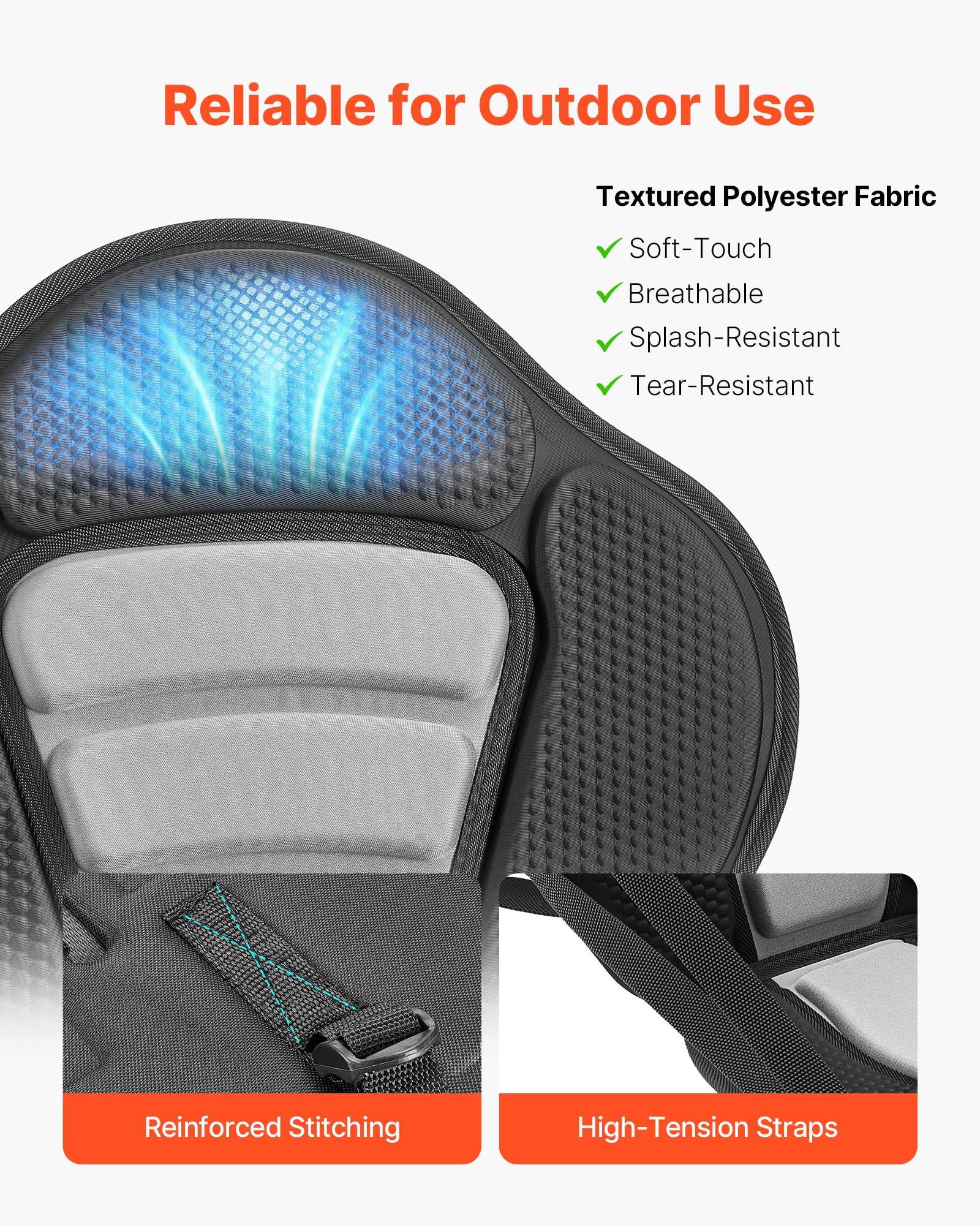 VEVOR seat mounted on inflatable kayak showing universal compatibility and comfort