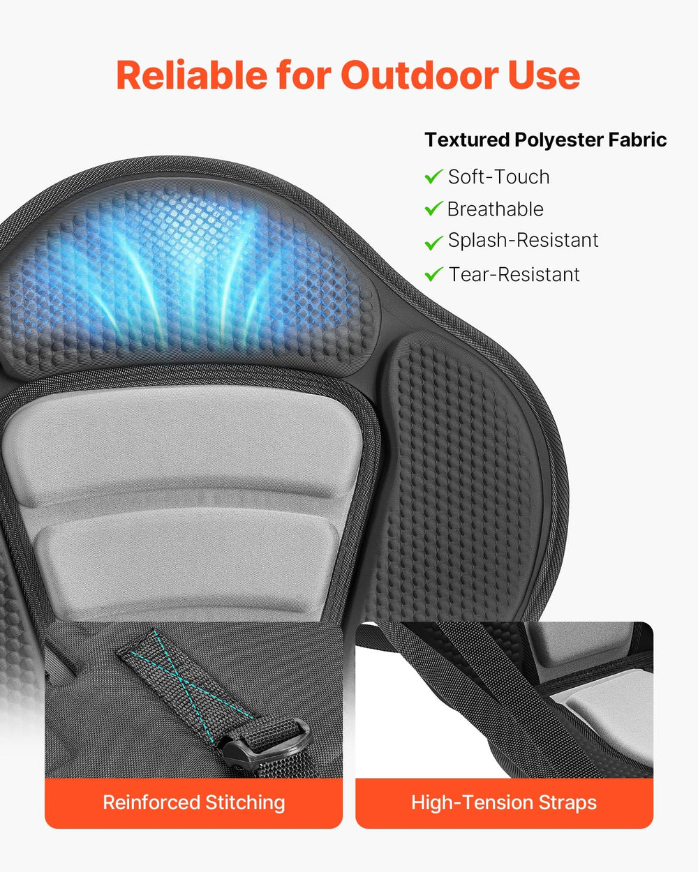 VEVOR seat mounted on inflatable kayak showing universal compatibility and comfort