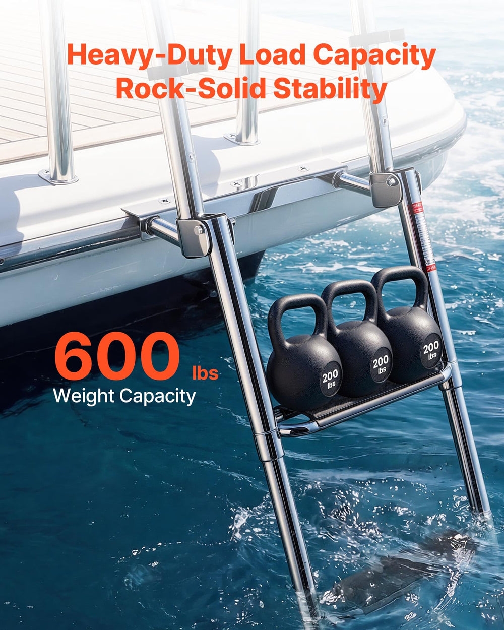 VEVOR side profile extended ladder showing full reach into the water