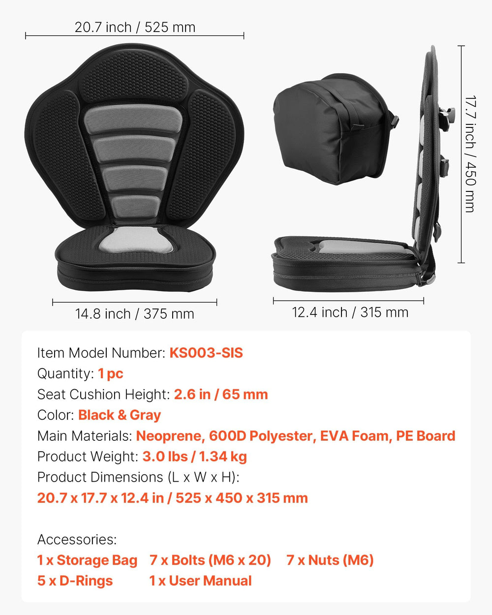 VEVOR seat next to water bottle for scale showing compact portability