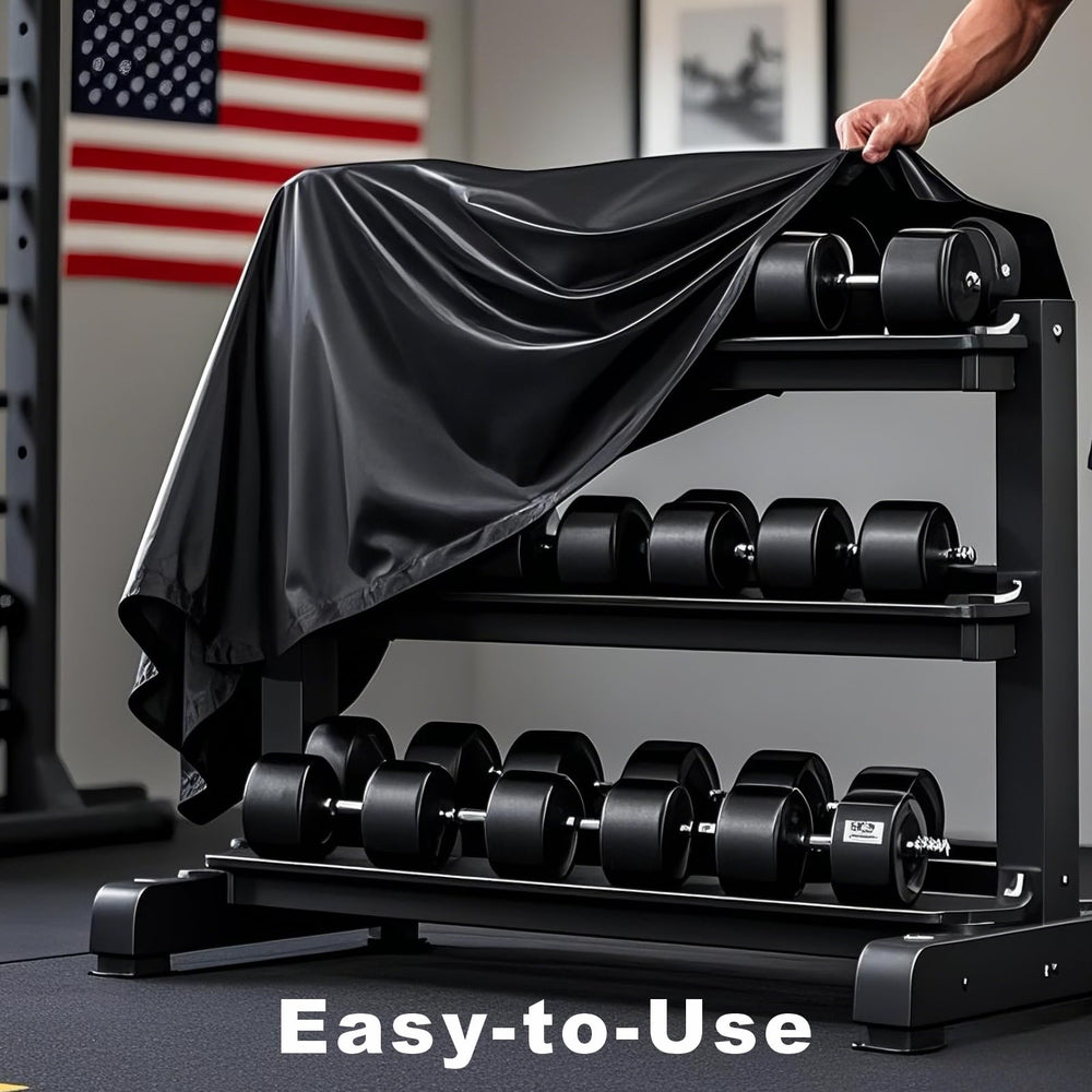VeyoStories cover with dumbbells for scale showing accurate 41x25x33 fit