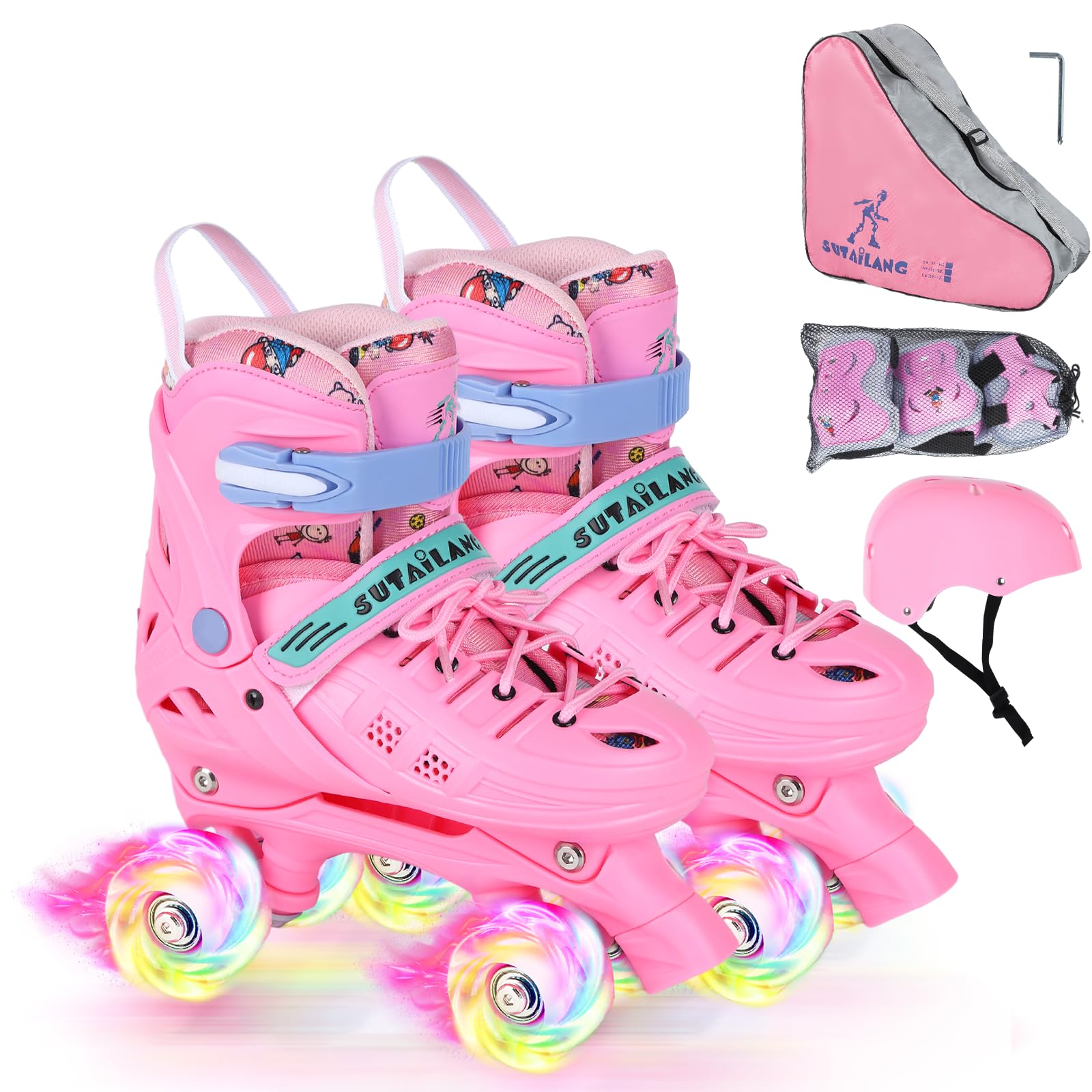 VEZLOPUS front view of pink skates showing complete set and carry bag for easy transport