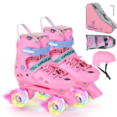 VEZLOPUS front view of pink skates showing complete set and carry bag for easy transport