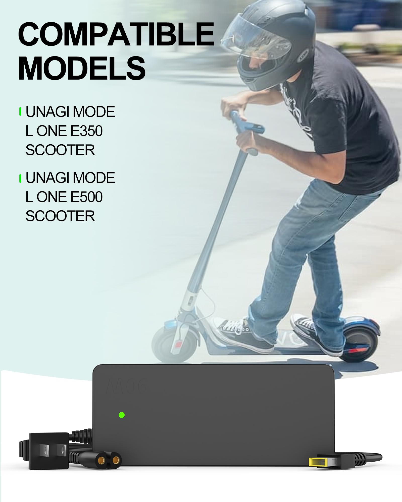 vhbw charger connected to Unagi scooter demonstrating easy in-use charging