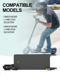 vhbw charger connected to Unagi scooter demonstrating easy in-use charging